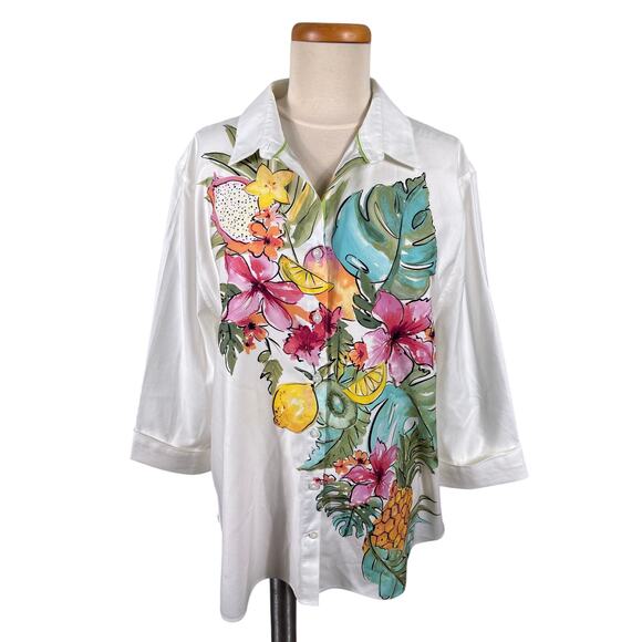 Chico's Blouse Women Size 4/20 White Floral Fruit Tropical Non-Iron Chic Stretch - Picture 1 of 12